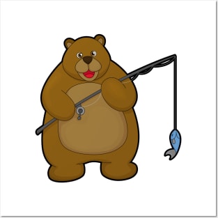 Bear at Fishing with Fishing rod & Fish Posters and Art